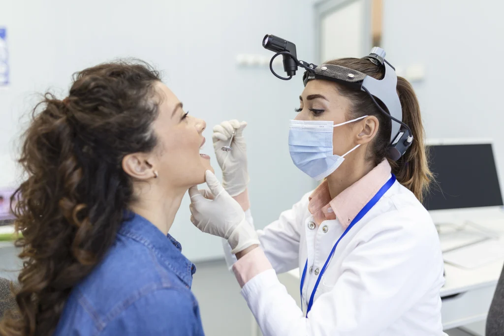 Female Patient Opening Her Mouth Doctor Look Her Throat Otolaryngologist Examines Sore Throat Patient